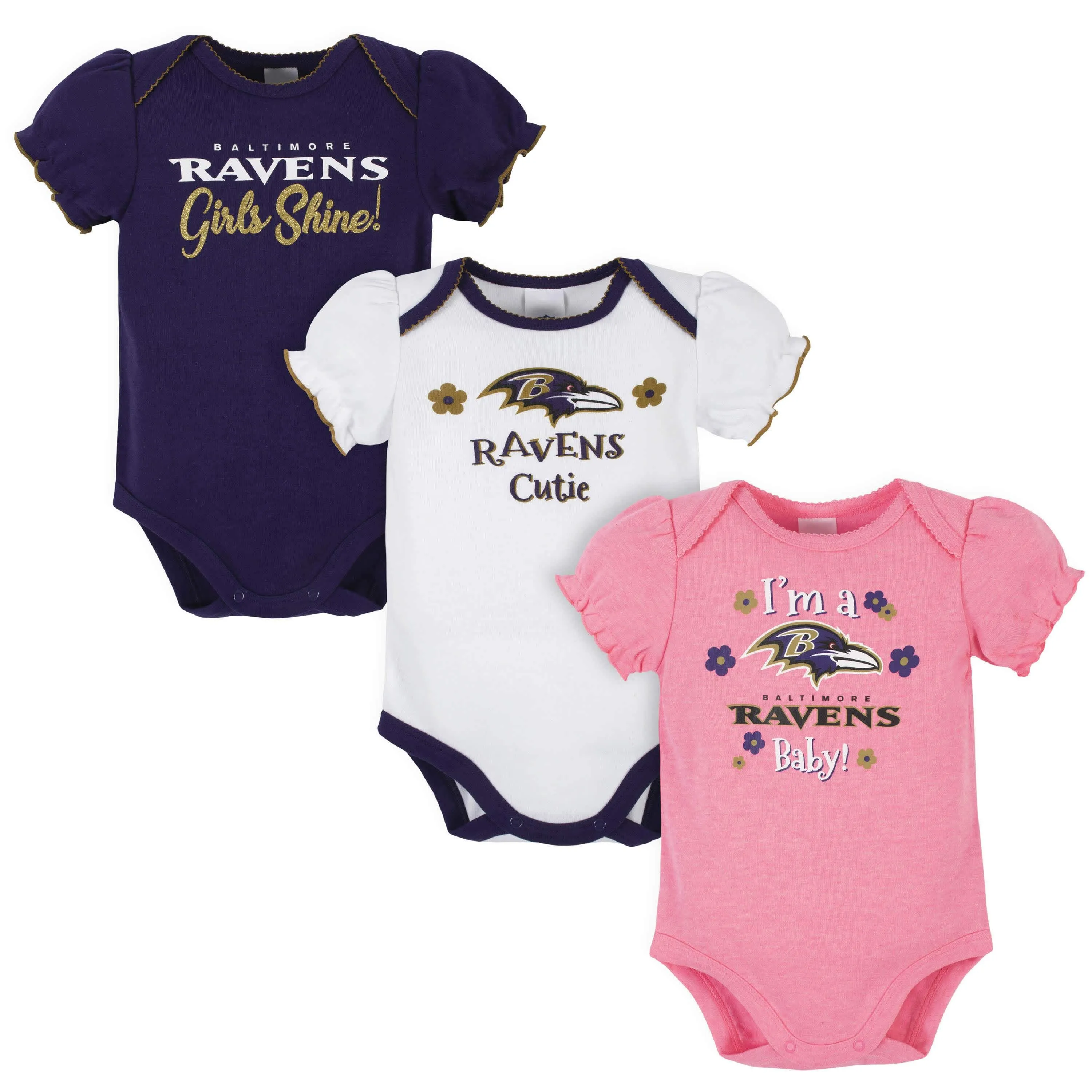 3-Pack Baby Girls Baltimore Ravens Short Sleeve Bodysuits