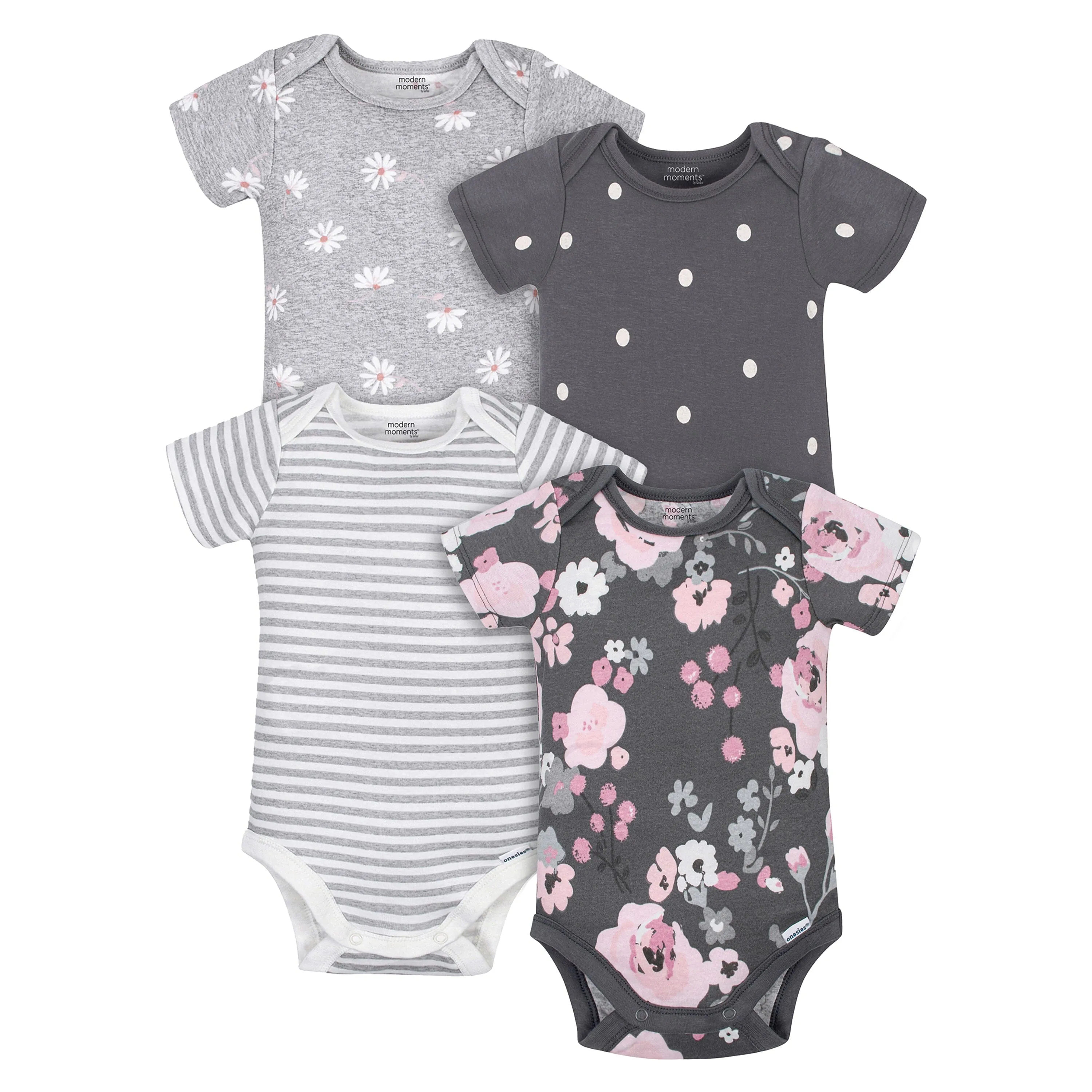 4-Pack Baby Girls Gray Floral Short Sleeve Onesies® Bodysuits