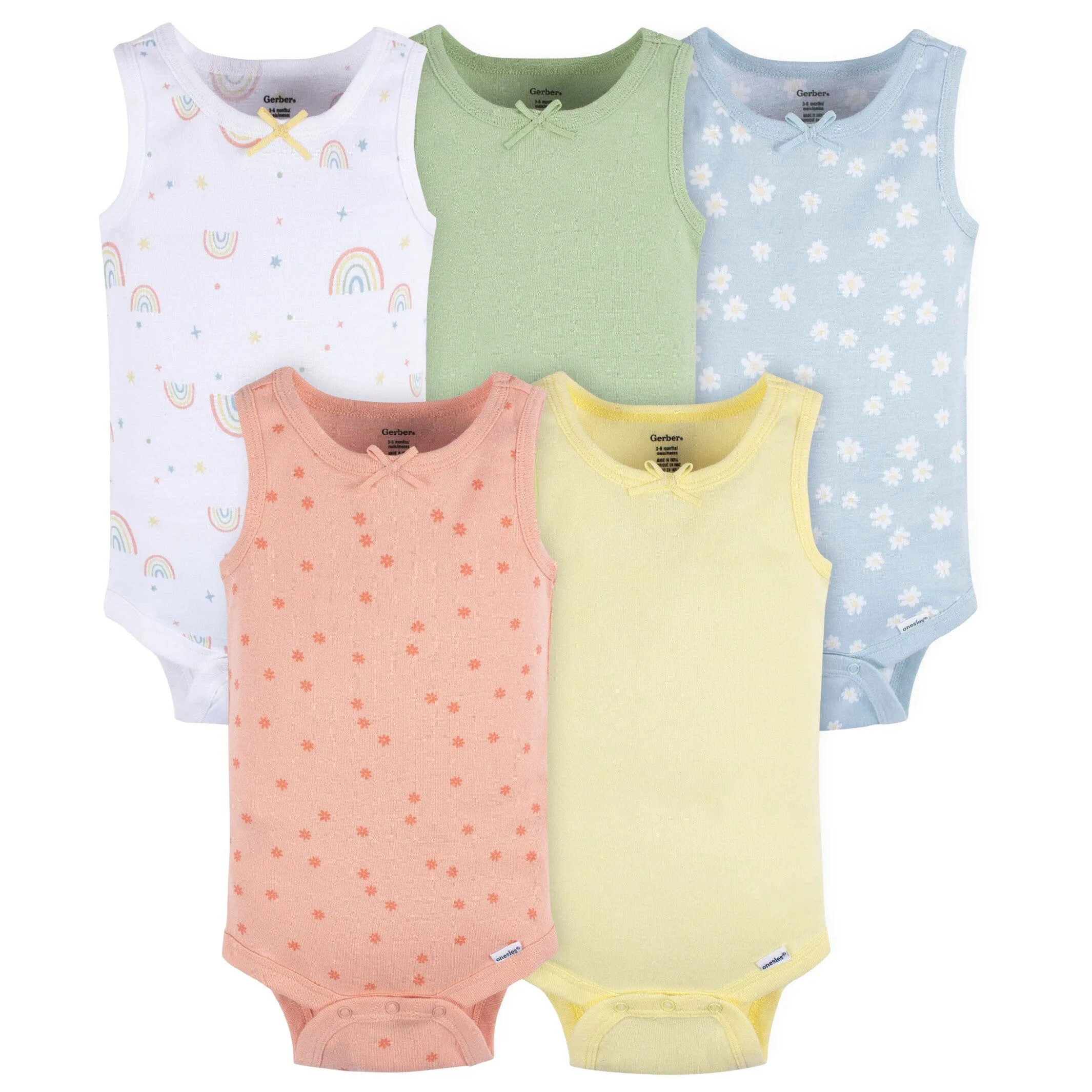 5-Pack Baby Girls Flowers & Rainbows Sleeveless Onesies® Bodysuits