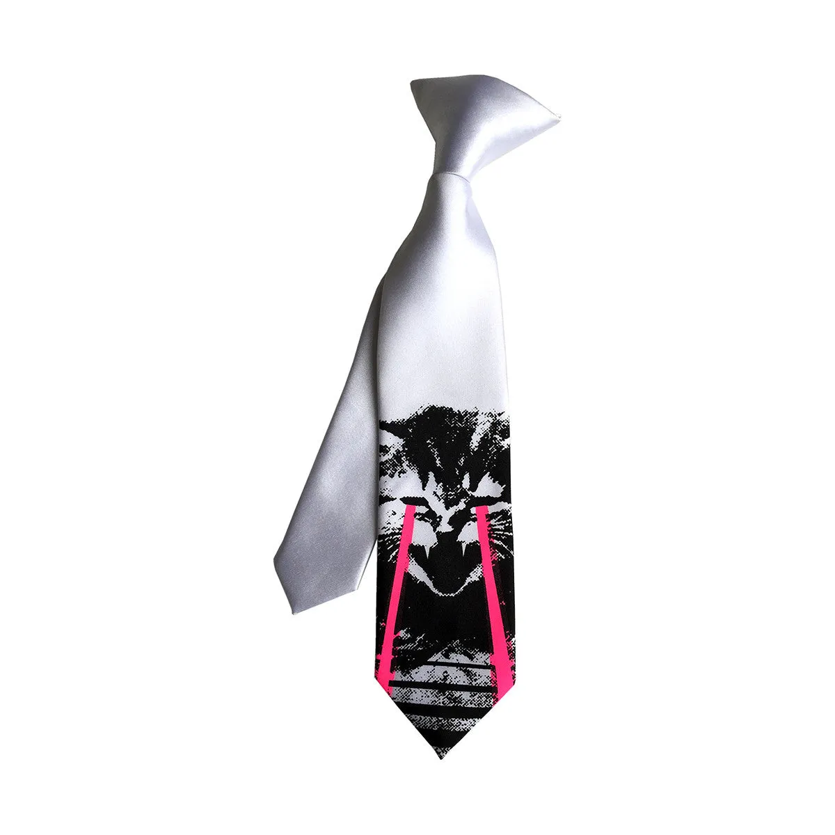 Angry Raving Laser Kitten kids tie. Boys clip-on cat necktie, glowing eyes.