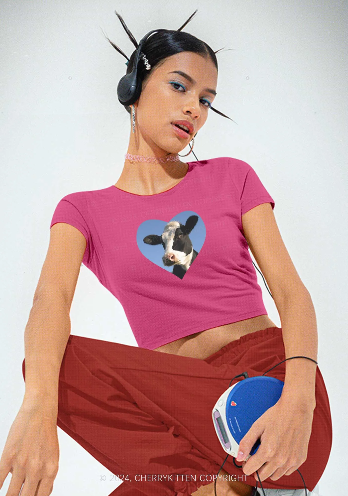 Attentive Cow Y2K Baby Tee Cherrykitten