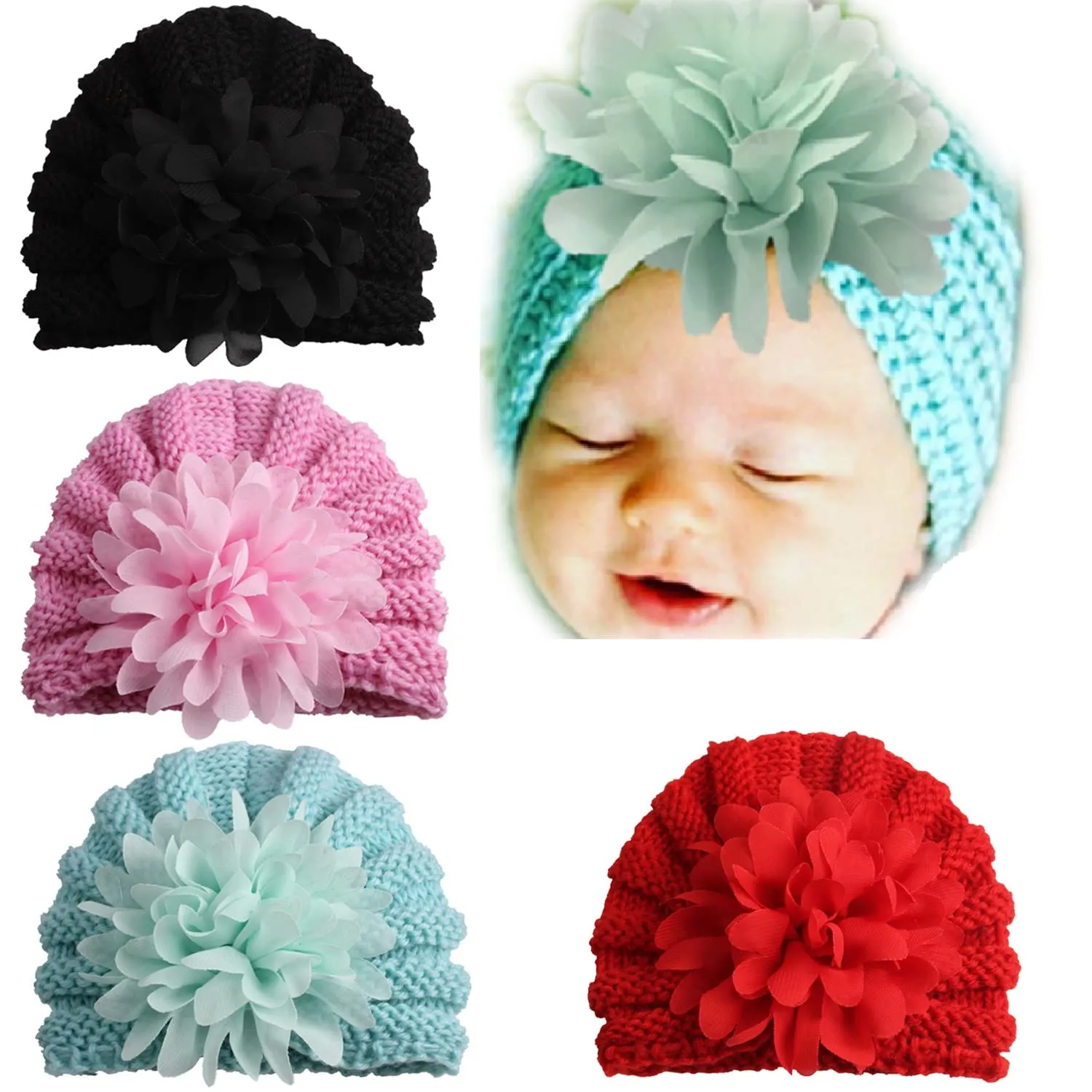 Babymoon Knit Flower Cap Newborn Photography Crochet Outfit Costume - Blue