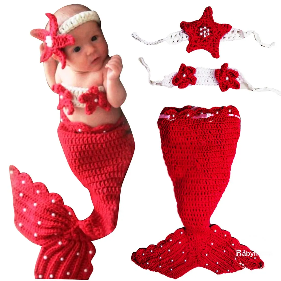 Babymoon Mermaid Newborn Photography Crochet Outfit Costume - Red