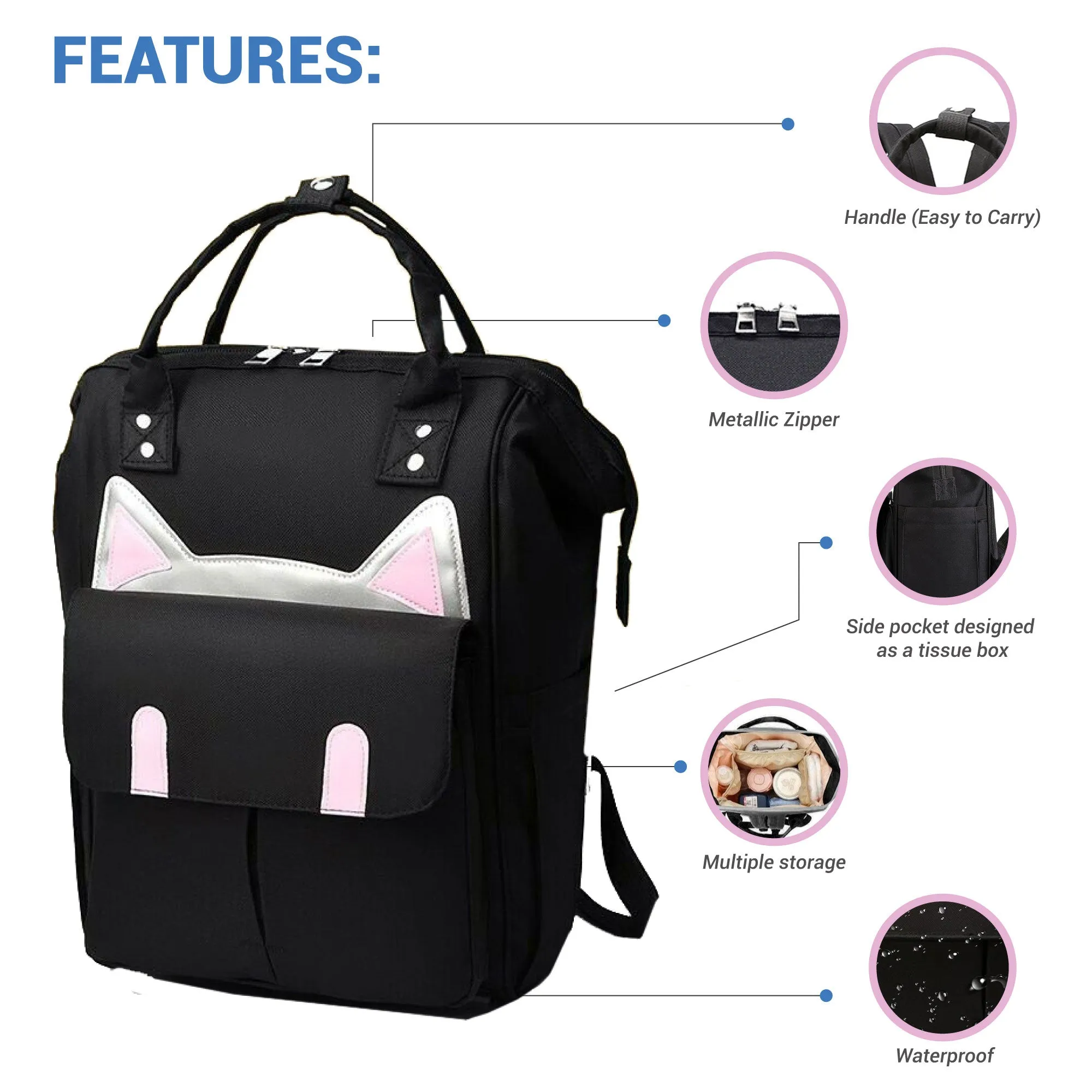 Babymoon Mother Diaper Bag Lightweight Multifunctional Travel Unisex Diaper Backpack | Black Kitty