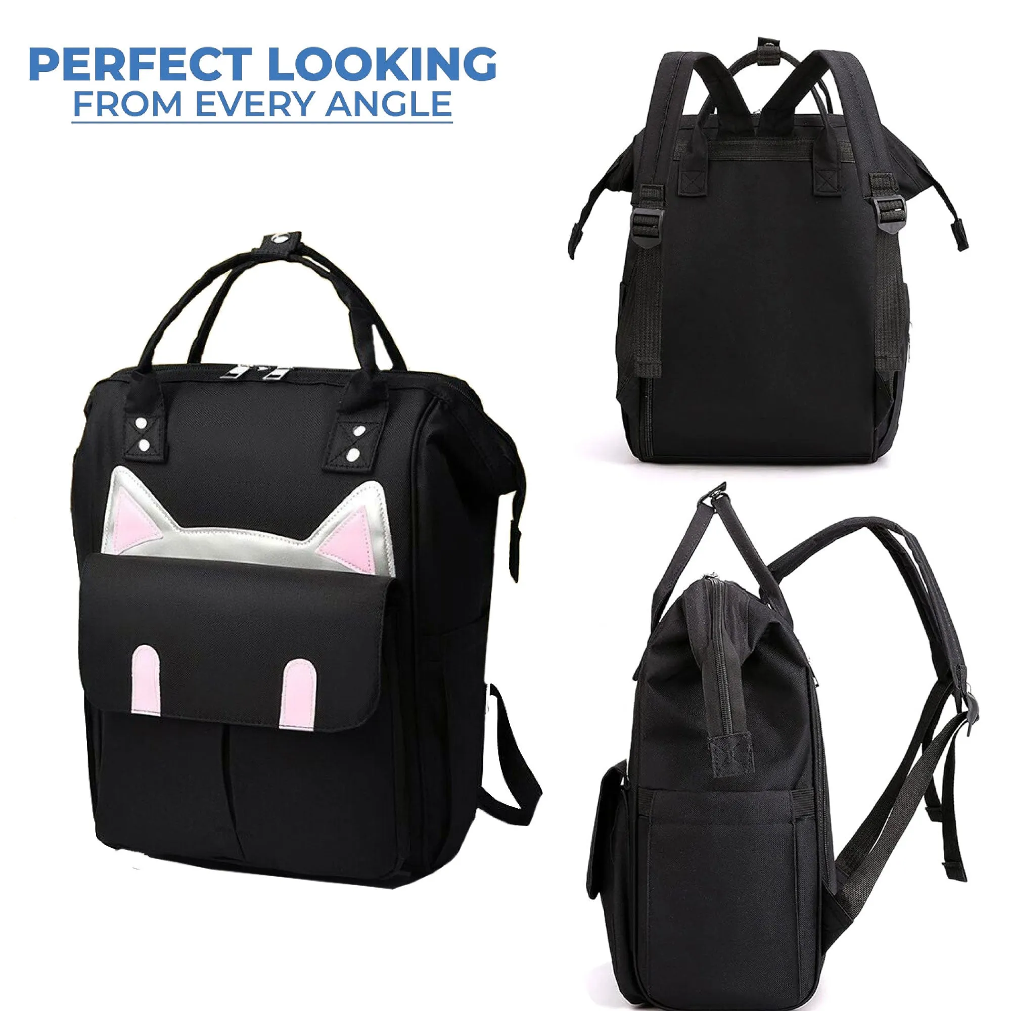 Babymoon Mother Diaper Bag Lightweight Multifunctional Travel Unisex Diaper Backpack | Black Kitty