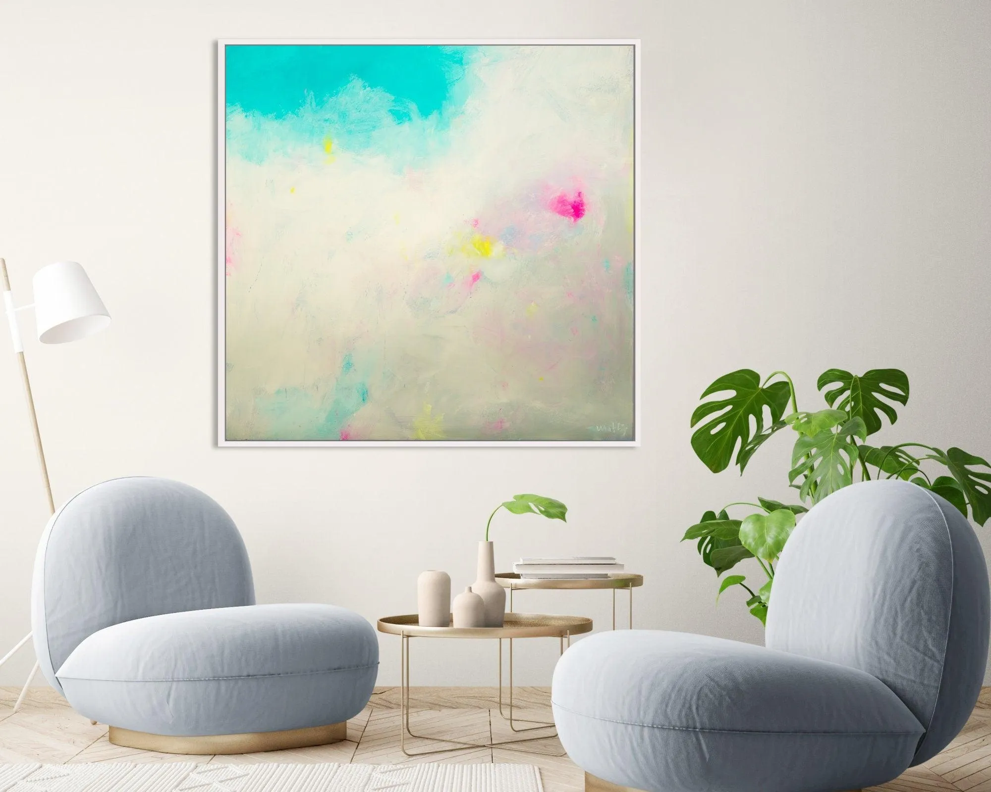 bright gallery large abstract painting, Abstract teal aqua blue wall art print, large original colorful art work