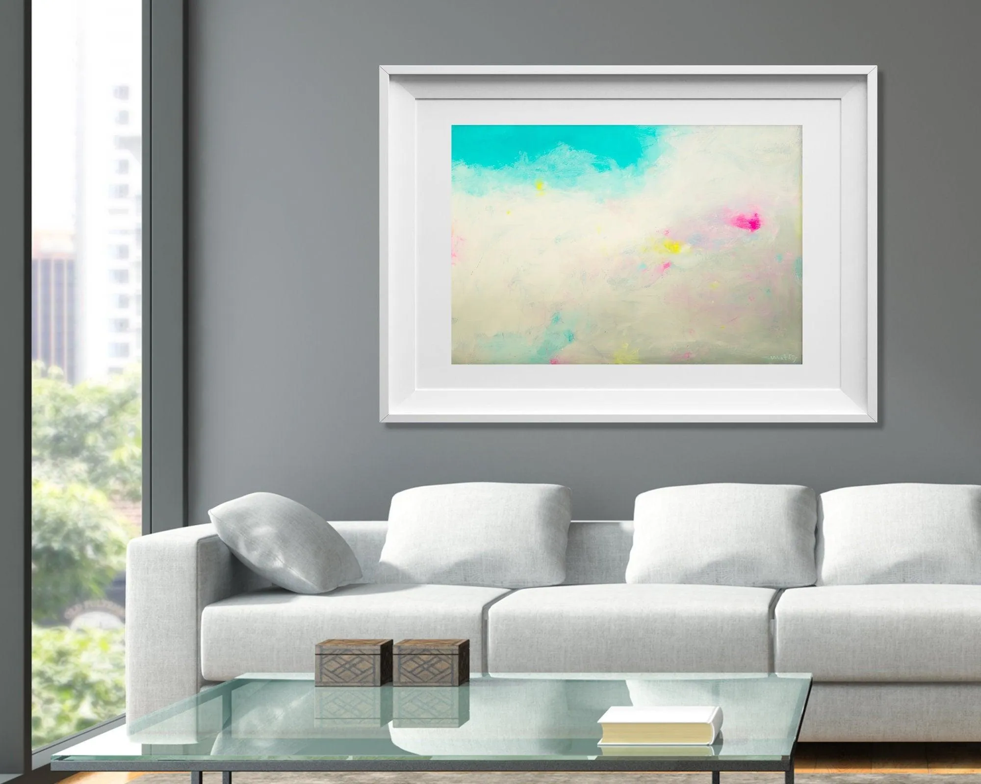 bright gallery large abstract painting, Abstract teal aqua blue wall art print, large original colorful art work