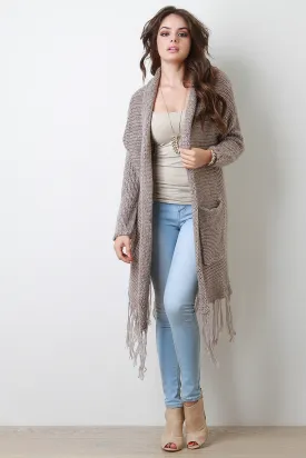 Chunky Knit Shawl Collar Tassel Hem Open Front Longline Cardigan