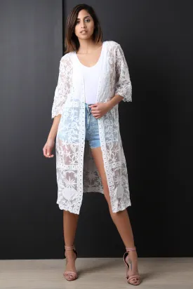 Floral Crochet Mesh Longline Cardigan