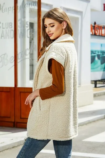 Fuzzy Collared Neck Button Up Vest Coat