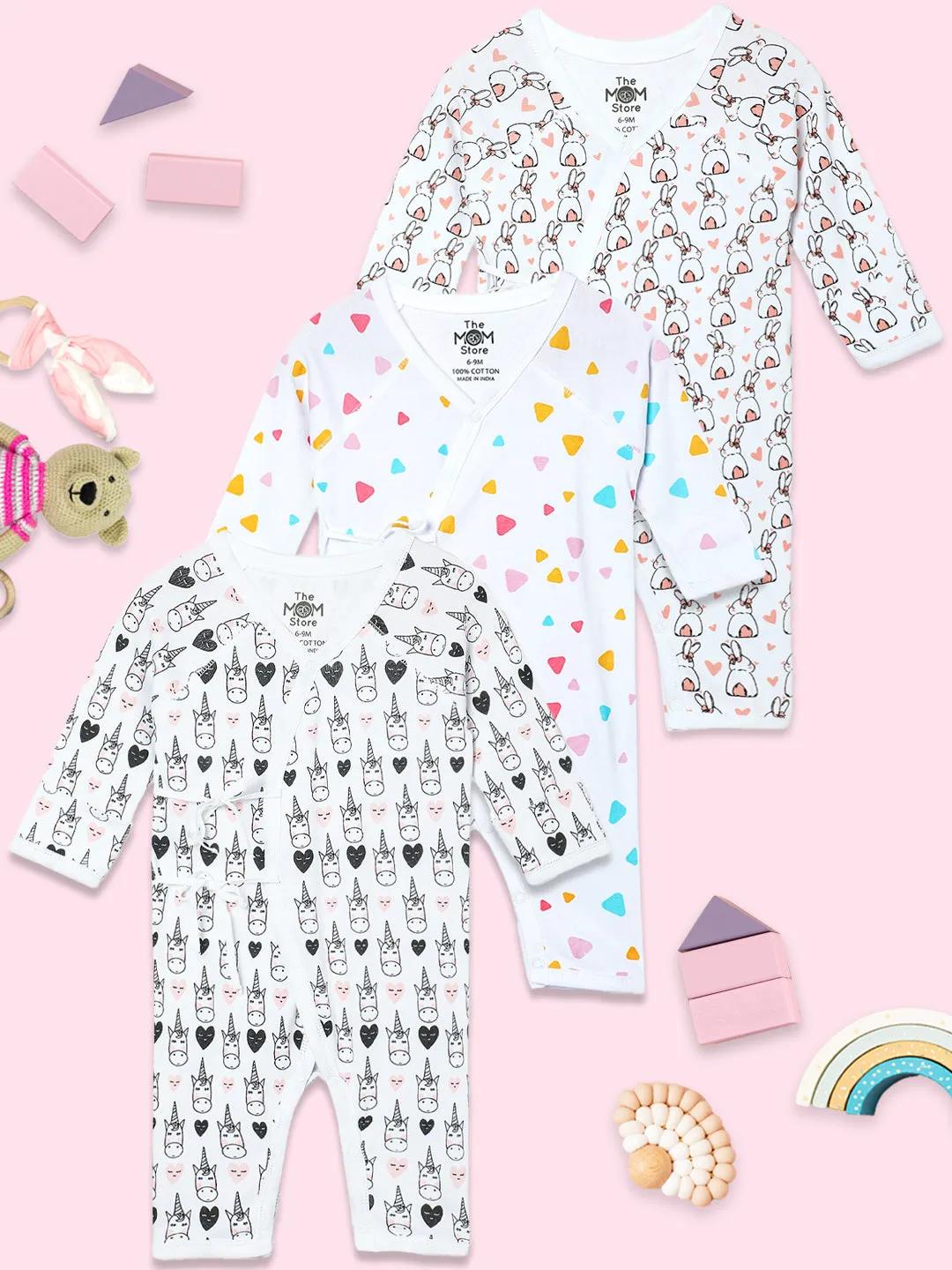 Jabla Infant Romper Combo Of 3: Rainbow Dazzler-Hearts And Fluffs-Triangles