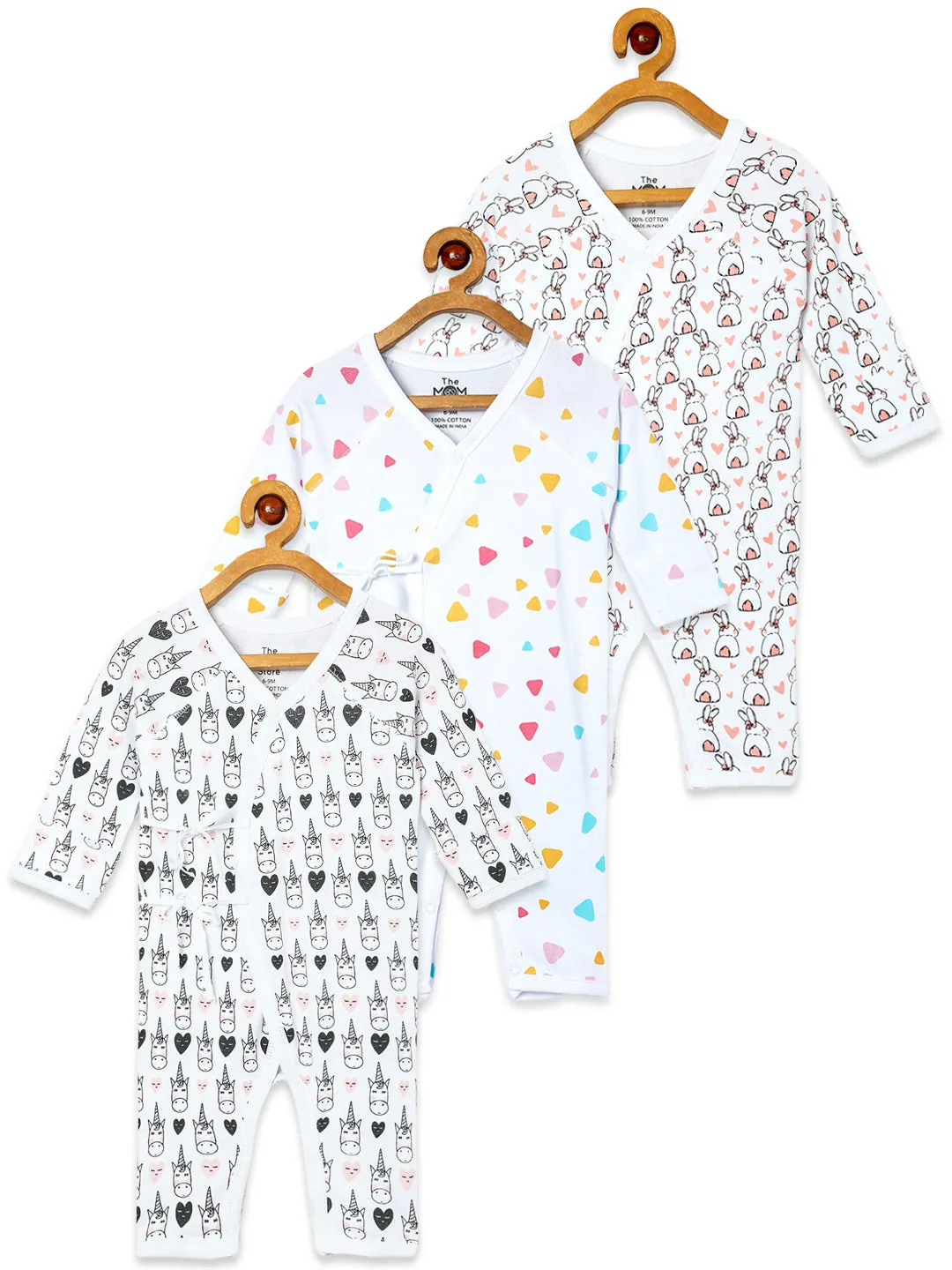 Jabla Infant Romper Combo Of 3: Rainbow Dazzler-Hearts And Fluffs-Triangles