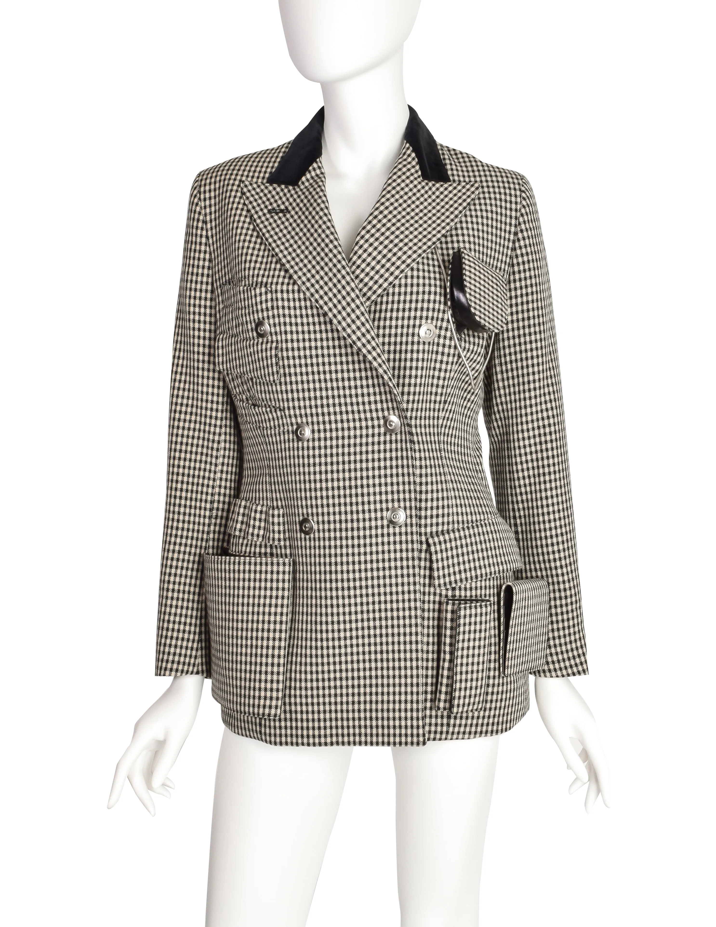 Jean Paul Gaultier Vintage AW 1992 Iconic Black White Houndstooth Accessories Blazer Jacket