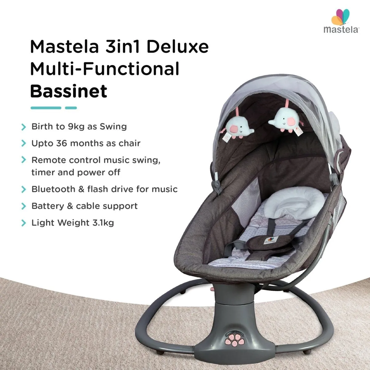 Mastela 3-in-1 Deluxe Multi-Functional Bassinet/Swing- Grey & Pink