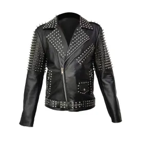 Mens Leather Jacket Black Spike Studded Rock Star Punk Style Cropped (F-SPIKE)