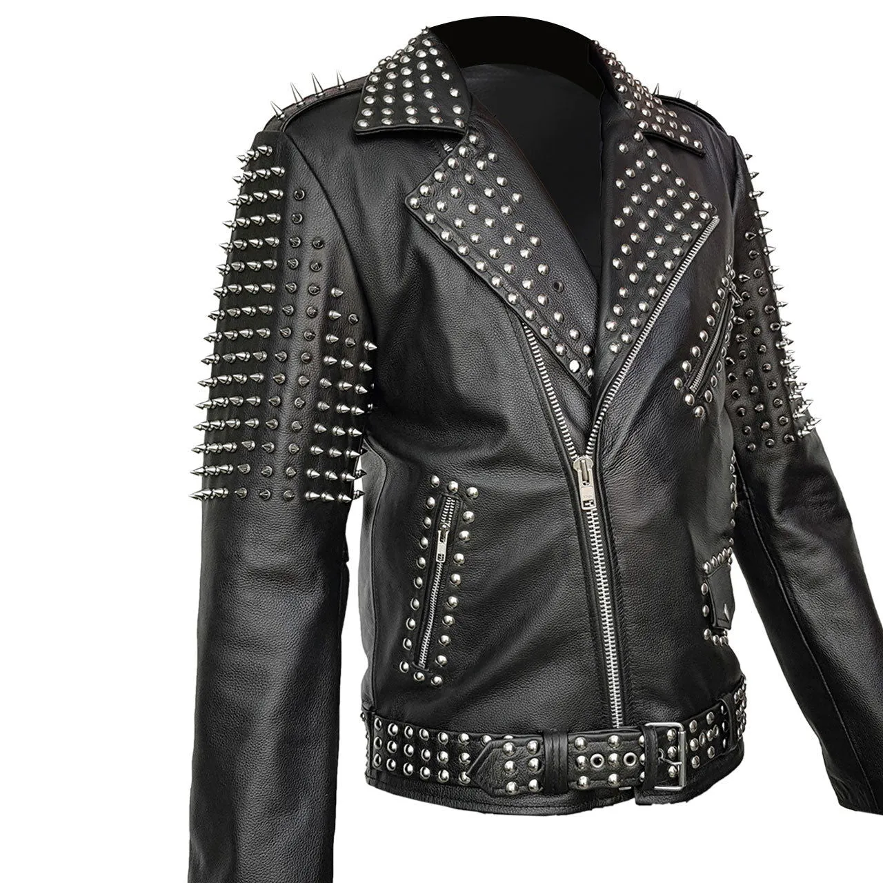 Mens Leather Jacket Black Spike Studded Rock Star Punk Style Cropped (F-SPIKE)