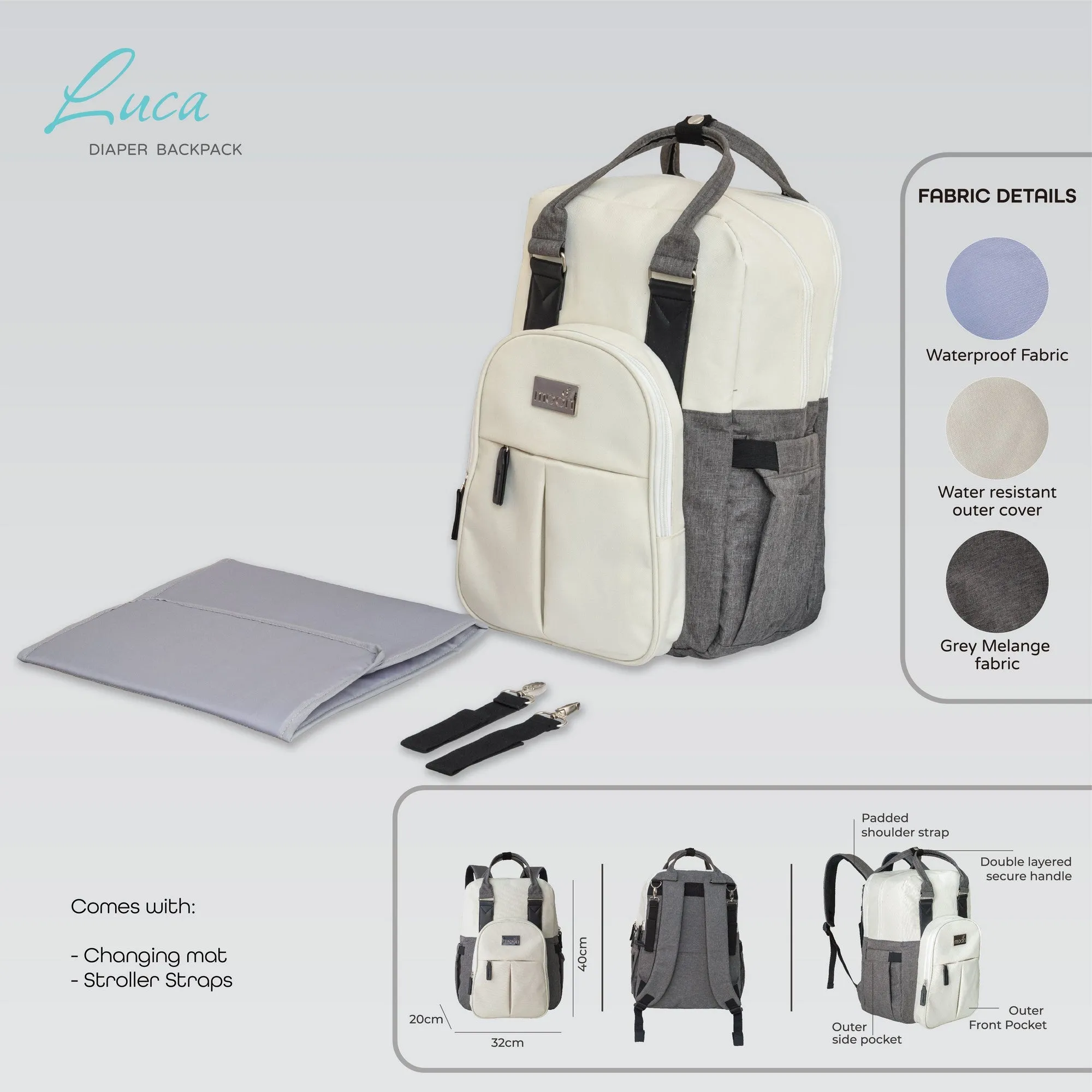 Moon Luca Diaper Bags White & Grey Birth to Adult