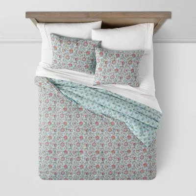 New - Full/Queen Floral Printed Comforter & Sham Set Light Teal Blue - Threshold