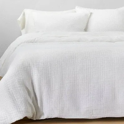 New - Full/Queen Textured Chambray Cotton Duvet & Sham Set White - Casaluna