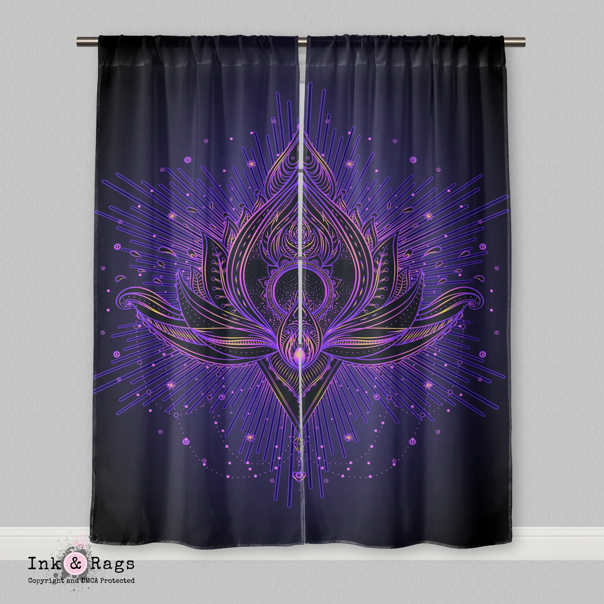 Purple Blue Tattoo Style Lotus Curtains