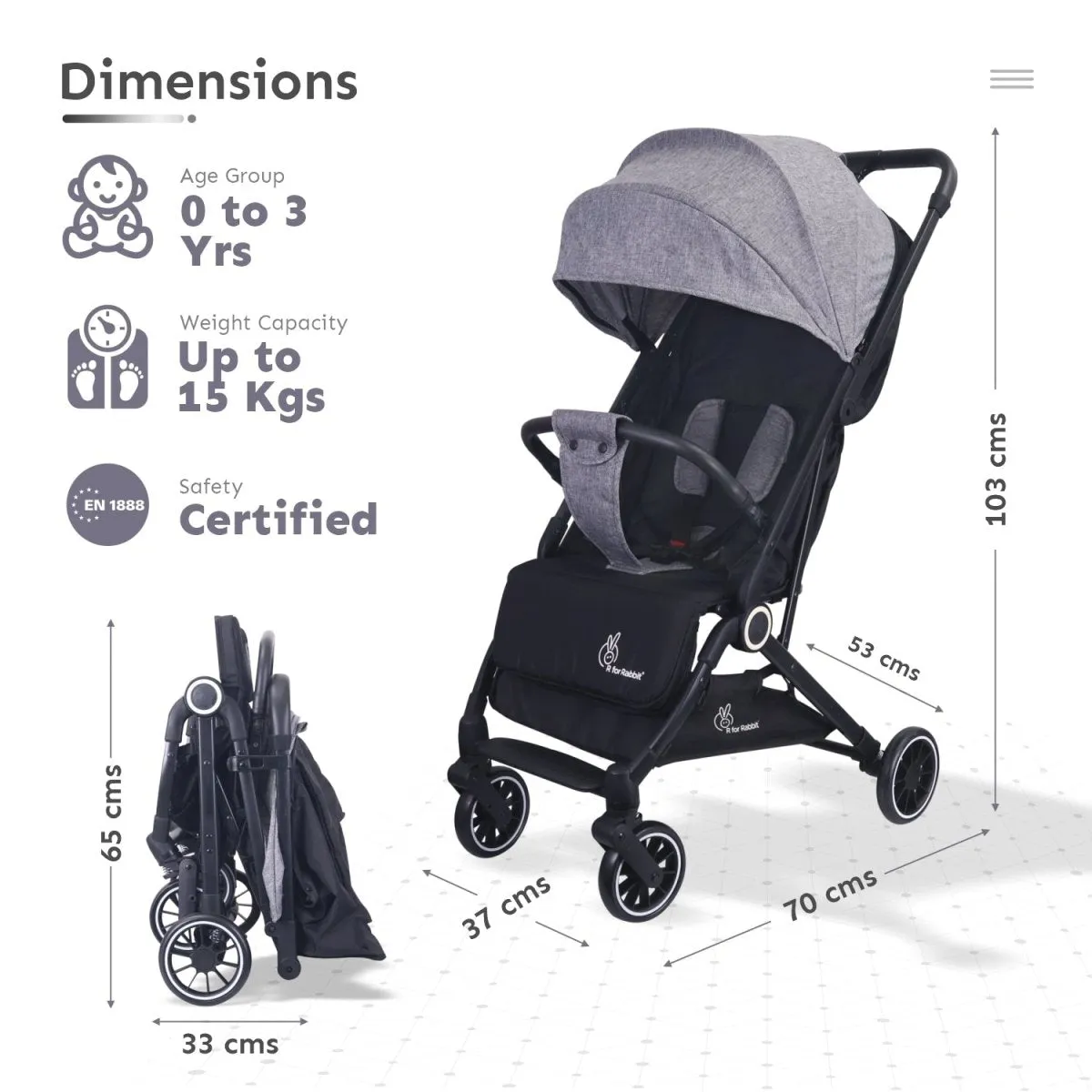 R for Rabbit Pocket Air Stroller- Grey