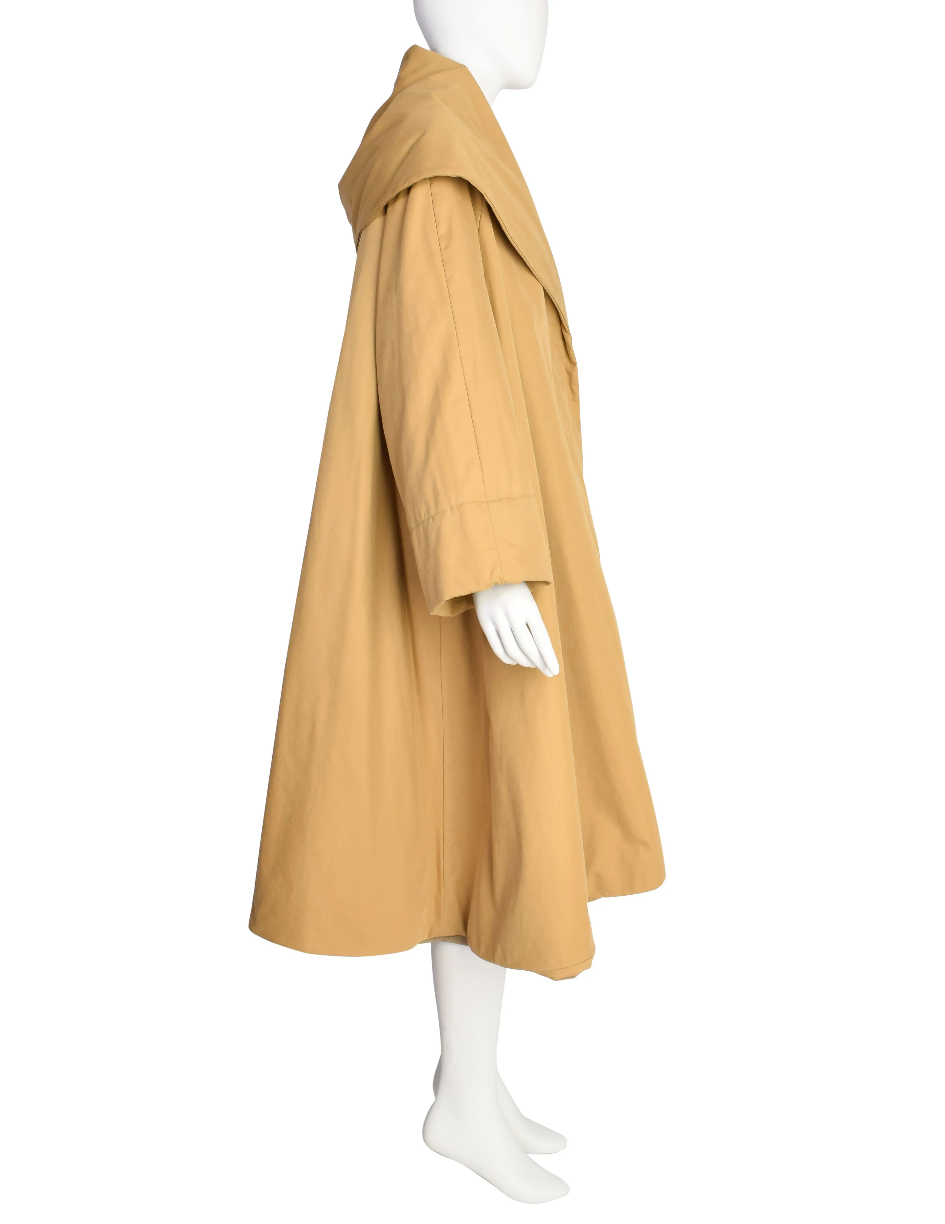 Romeo Gigli Vintage 1990 Mustard Seed Khaki Oversized Shawl Collar Hood A-Line Swing Coat