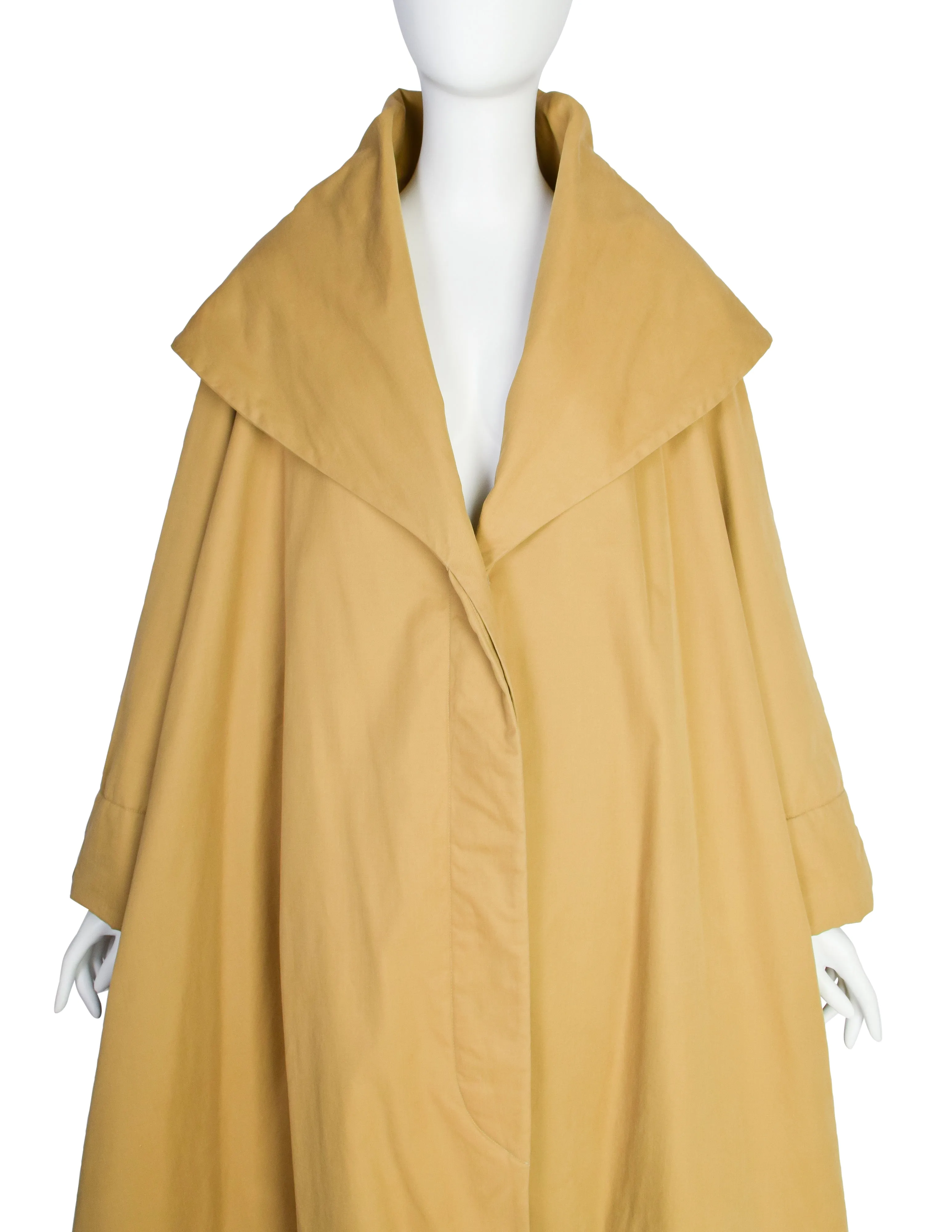 Romeo Gigli Vintage 1990 Mustard Seed Khaki Oversized Shawl Collar Hood A-Line Swing Coat