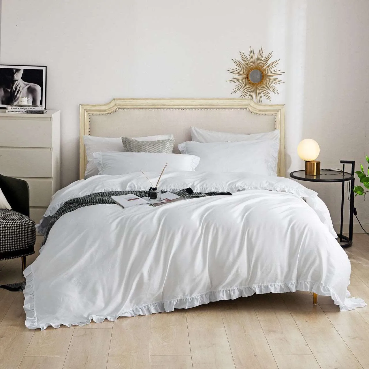 Ruffle Edge Bedding -- Snow White: 6 Pieces Luxury King Size Duvet Cover Set 100% Cotton