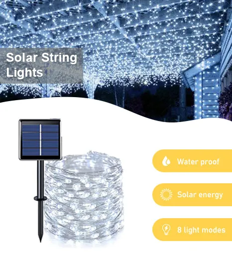 Solar Powered 200 LED 72ft Copper Wire Fairy Light 72' - 8 Light Modes