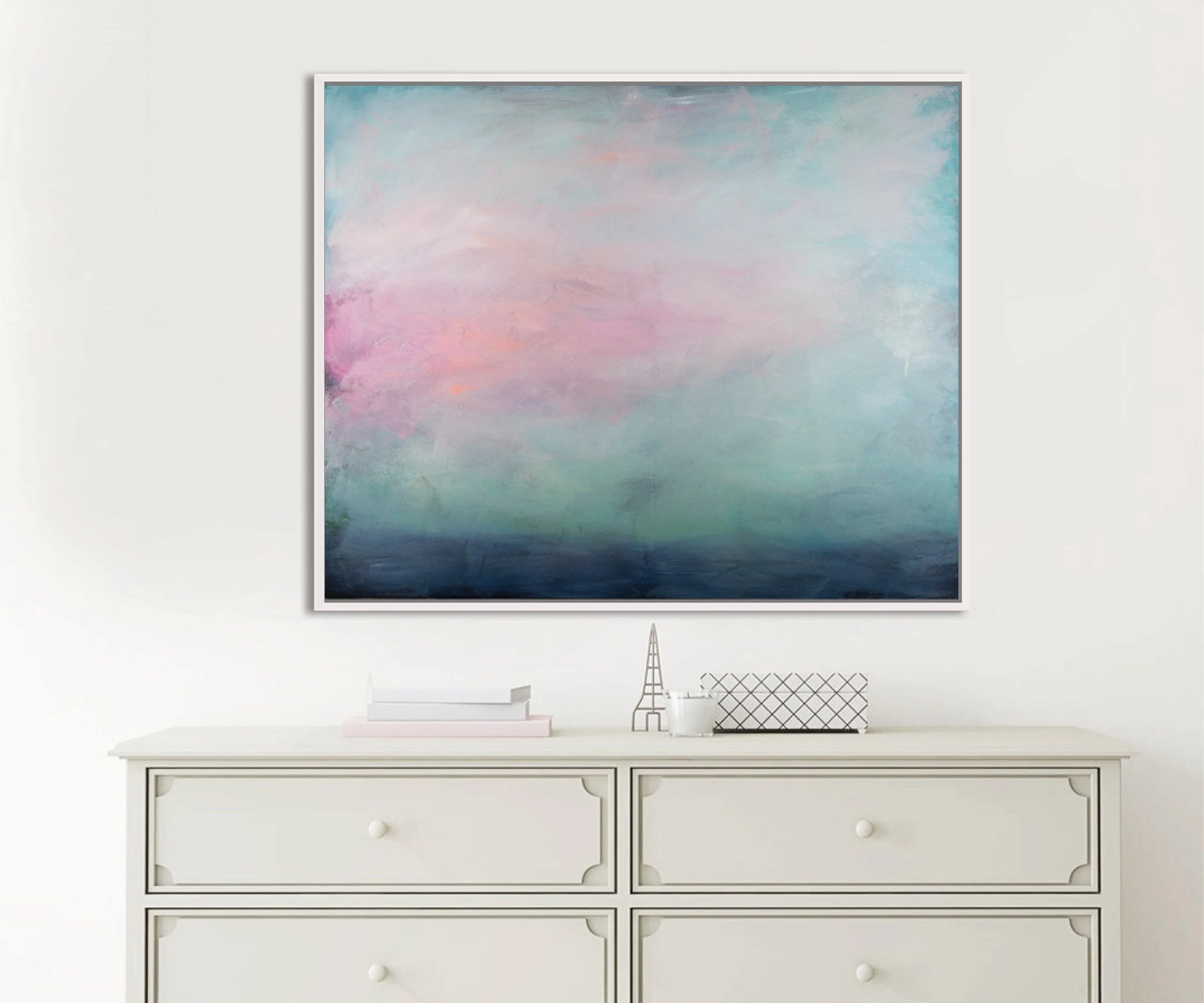 Teal Abstract Painting on Canvas, clouds acrylic painting print, Abstract Ocean Painting print, Ready to hang