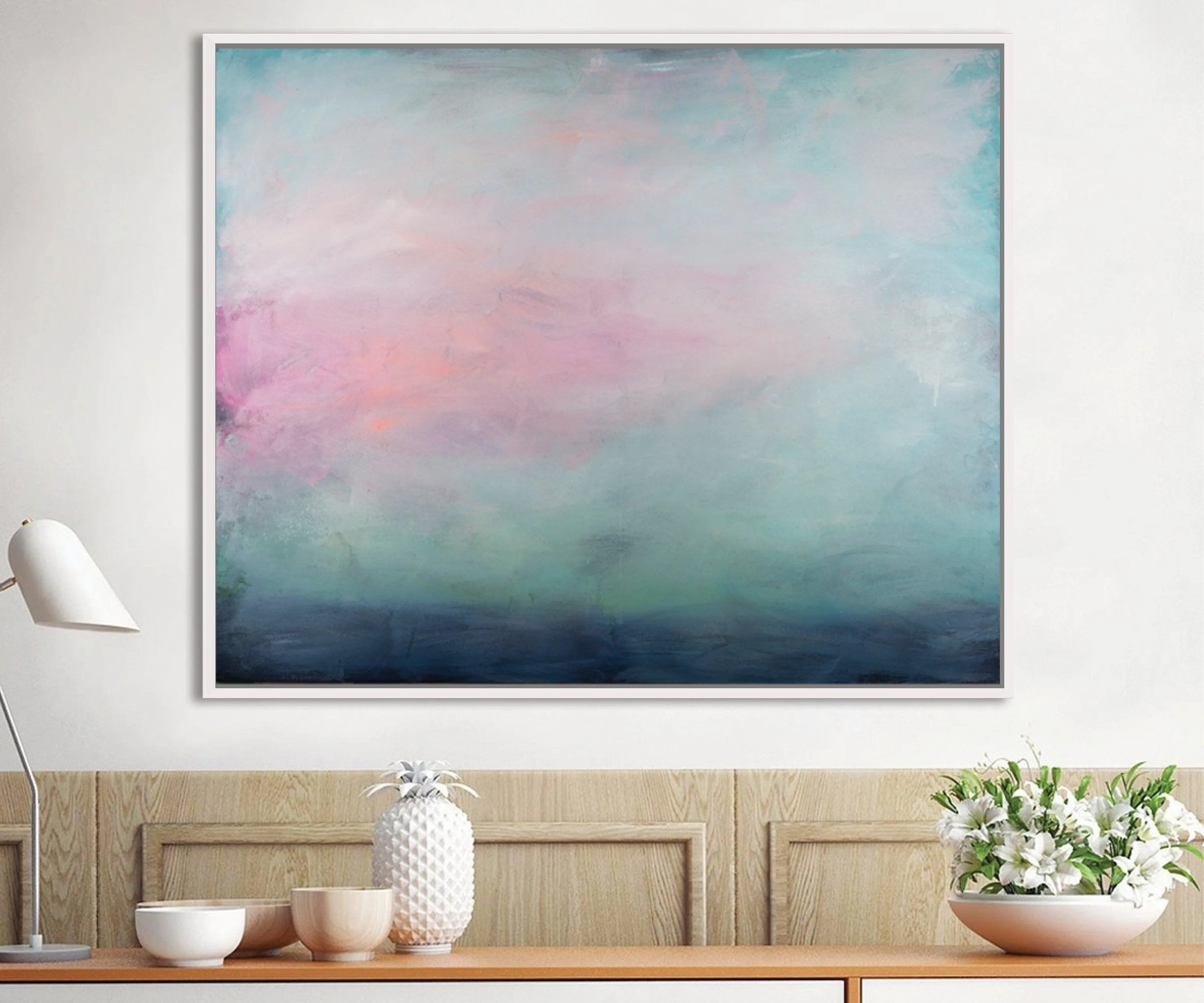 Teal Abstract Painting on Canvas, clouds acrylic painting print, Abstract Ocean Painting print, Ready to hang