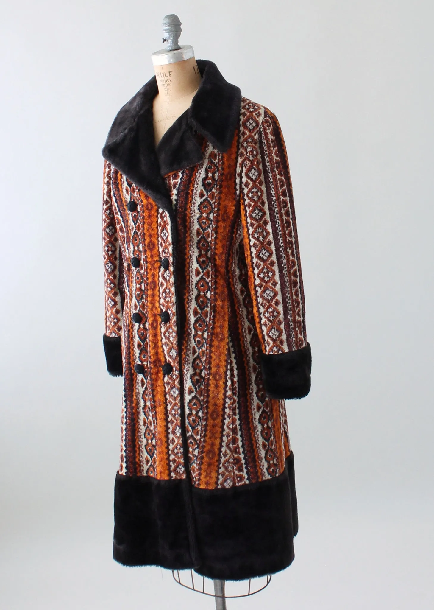 Vintage 1970s Carpet Tapestry Coat with Faux Fur Trim