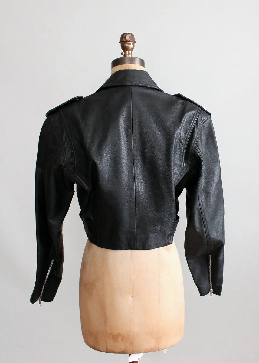 Vintage Black Leather Cropped Biker Jacket