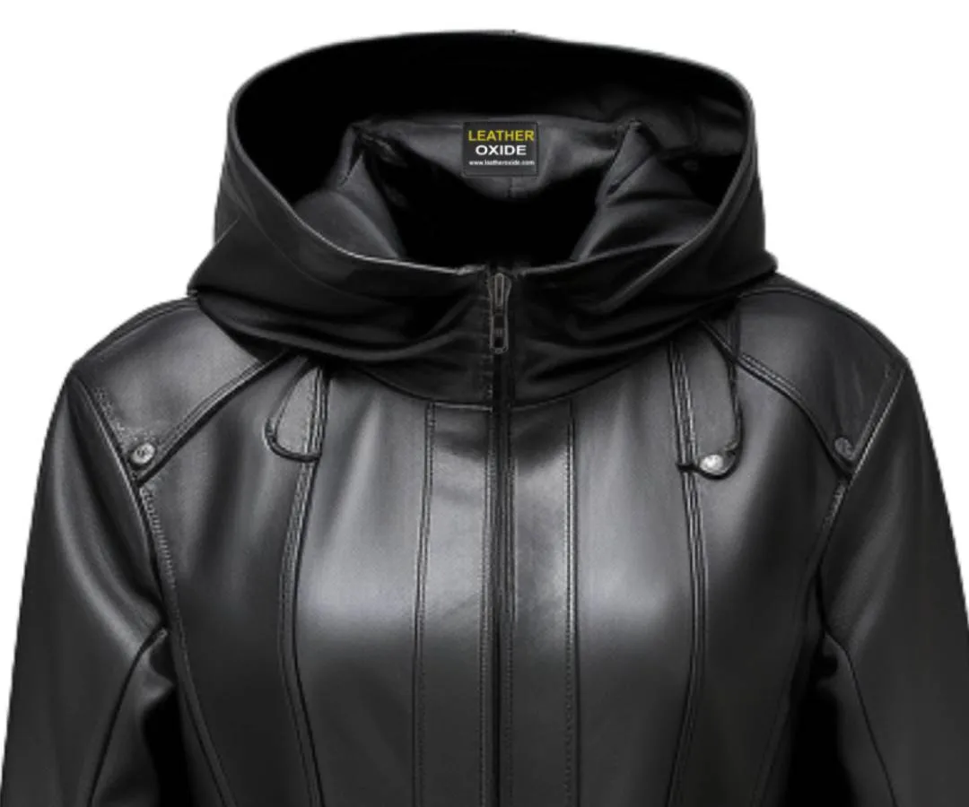 Women Black Leather Coat - Hooded Leather Coat