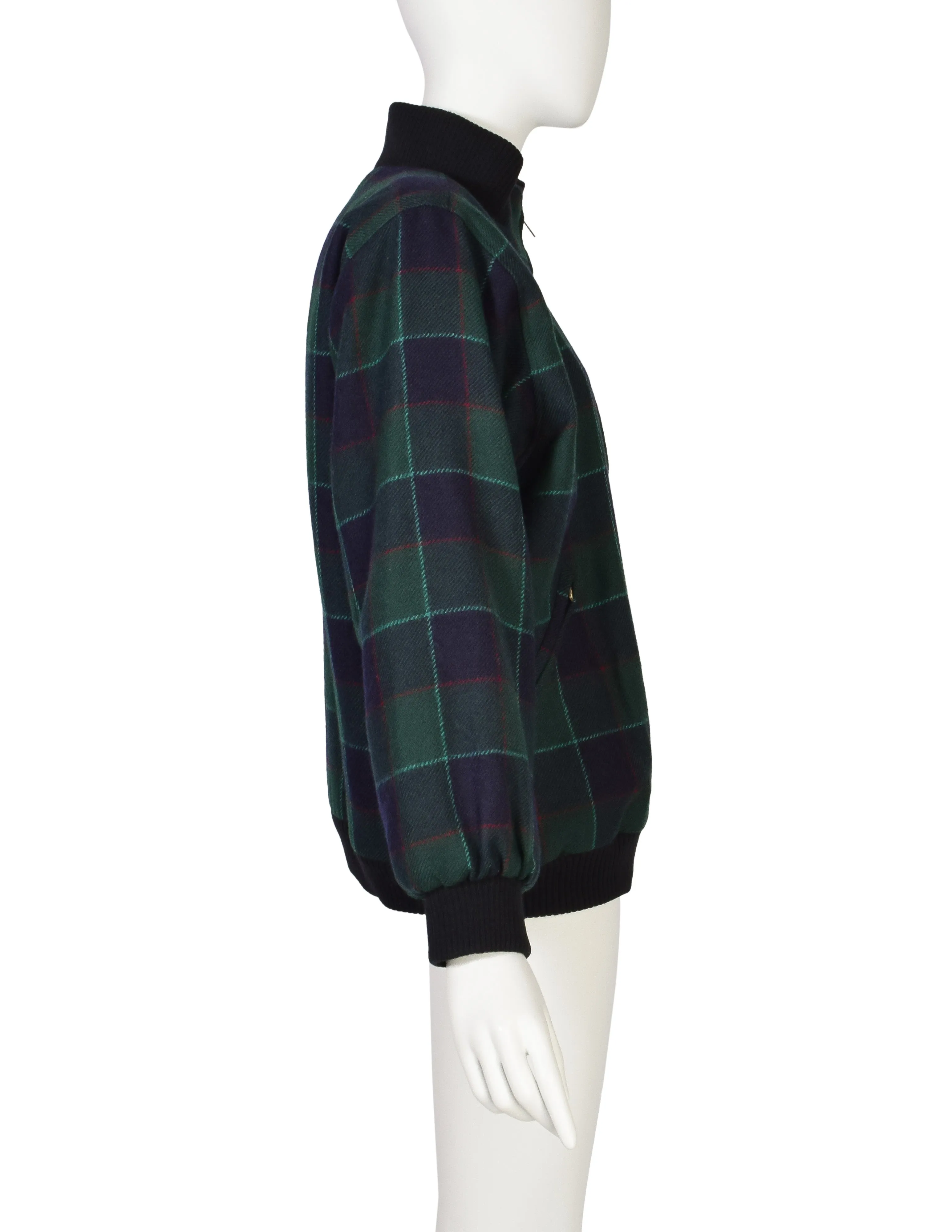 Yves Saint Laurent Vintage 1970s Green Blue Plaid Wool Bomber Style Jacket