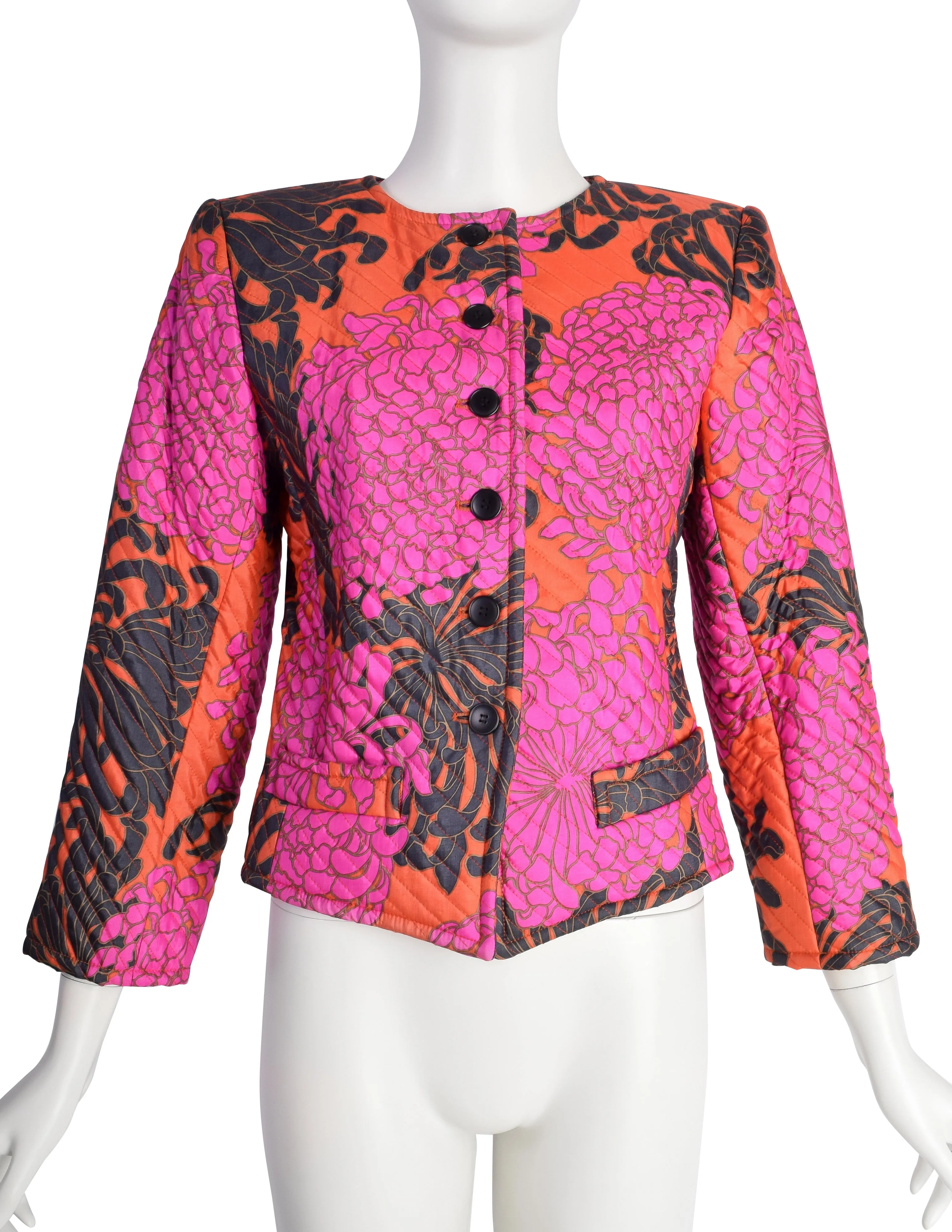 Yves Saint Laurent Vintage SS 1986 Red Pink Black Chrysanthemum Quilted Silk Jacket