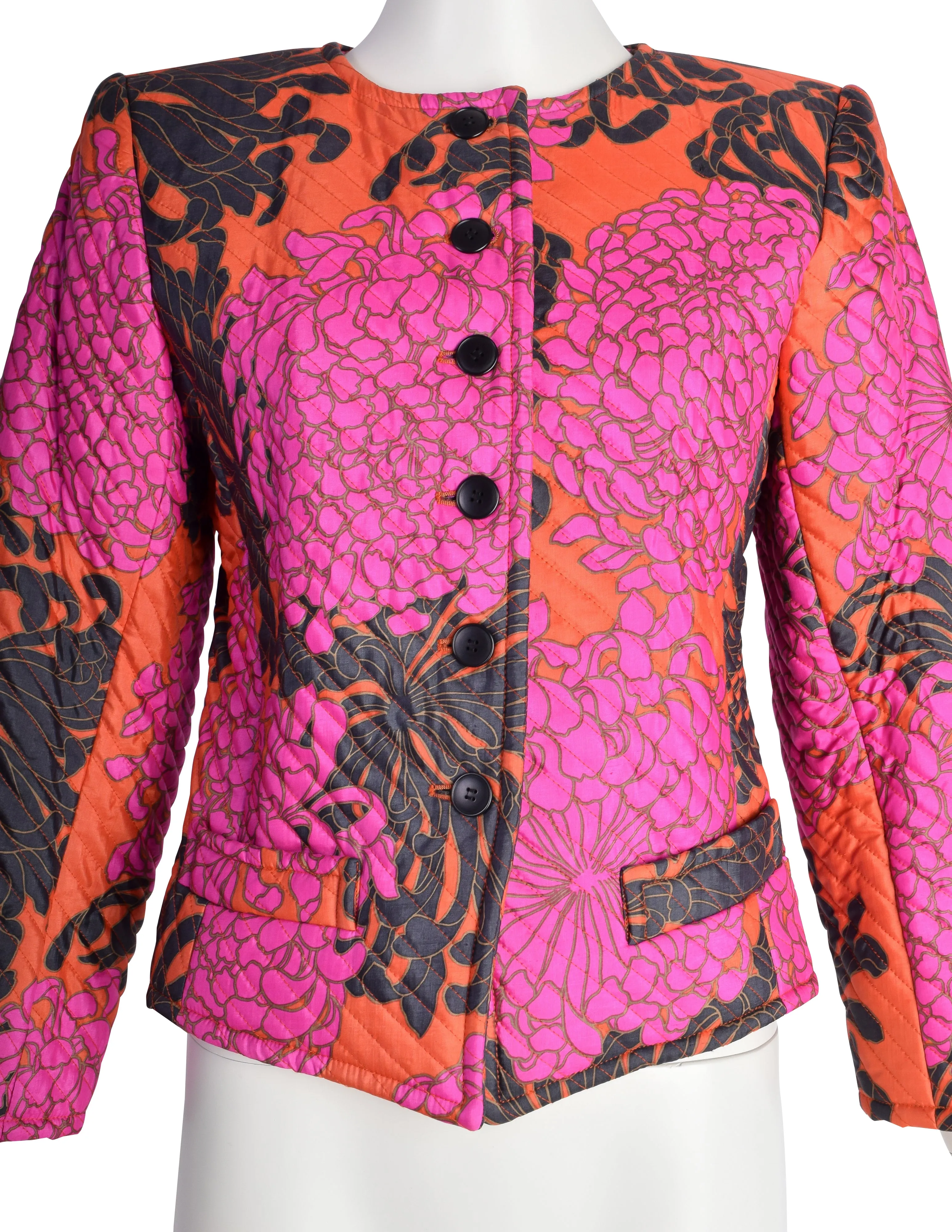 Yves Saint Laurent Vintage SS 1986 Red Pink Black Chrysanthemum Quilted Silk Jacket